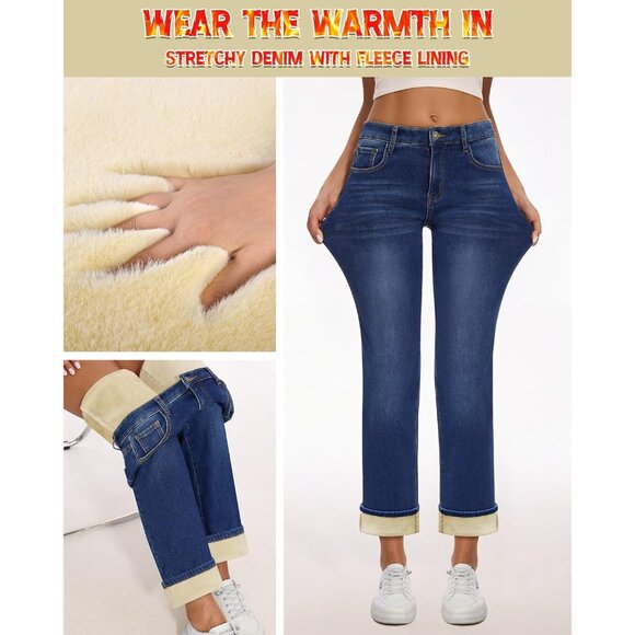 Women Fleece Lined Jeans High-Waisted Straight Leg Winter Denim Pants - Picture 4 of 7
